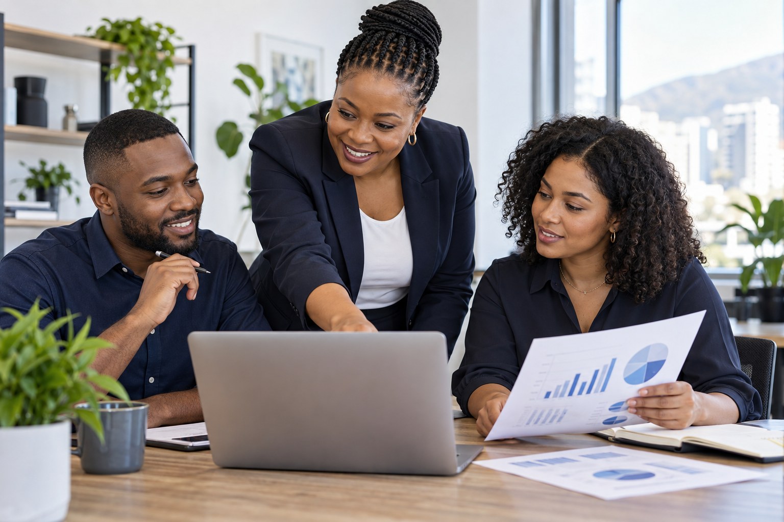 Business team collaborating around a laptop