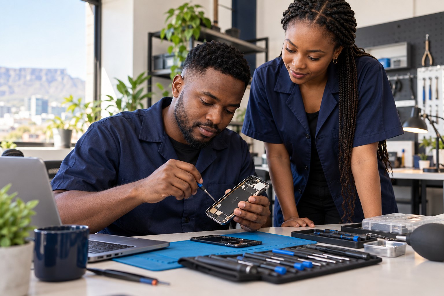 Electronics repair team inspecting a phone
