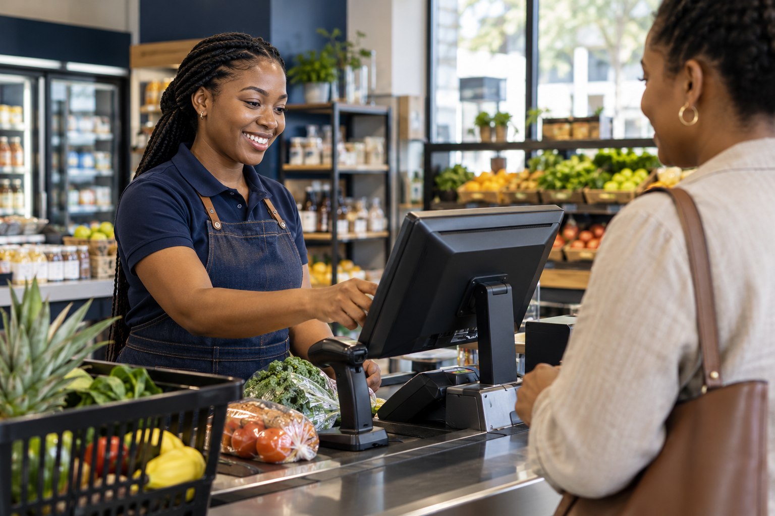 Cashier helping a customer at a retail checkout