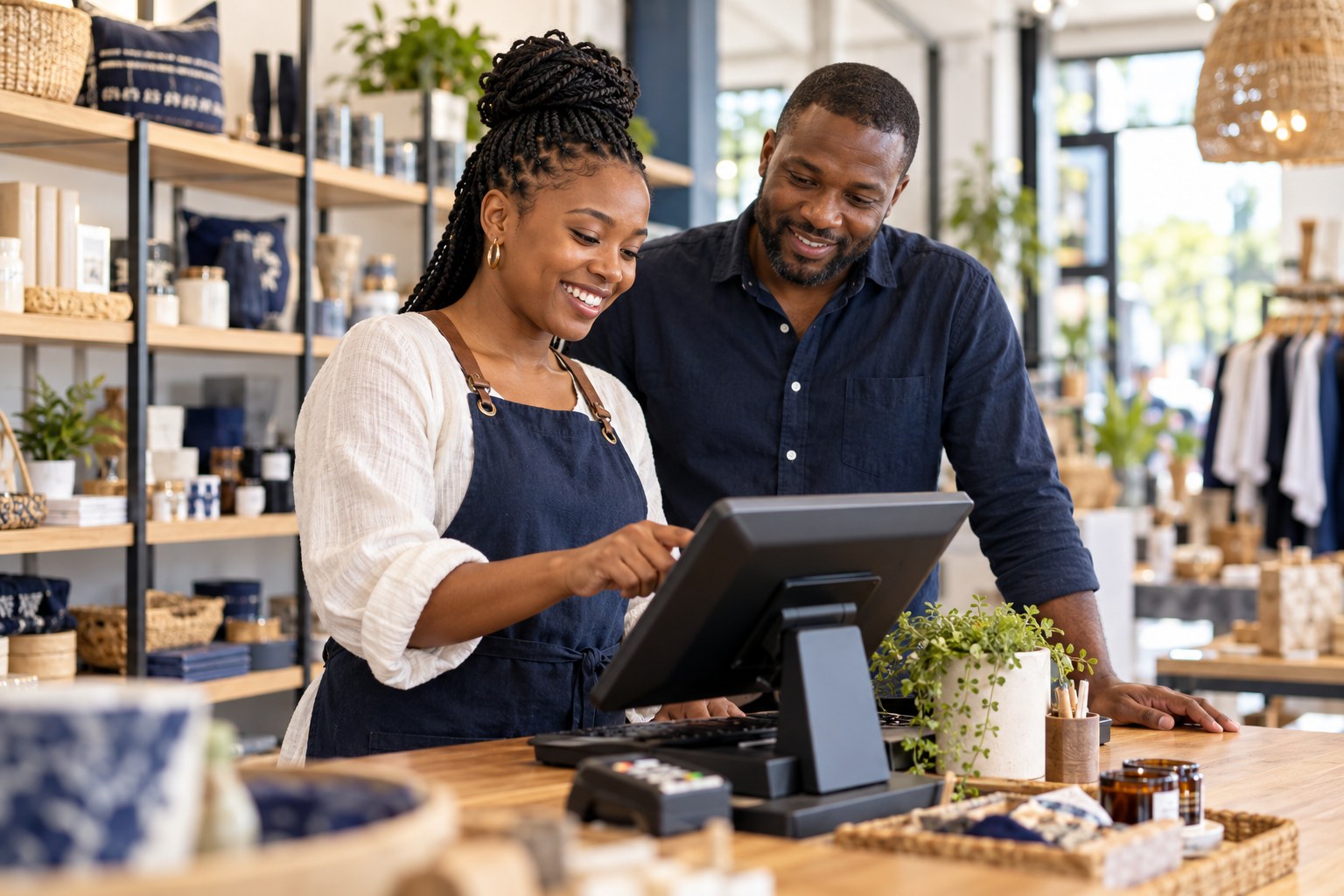 Shop owner and colleague working at a point of sale