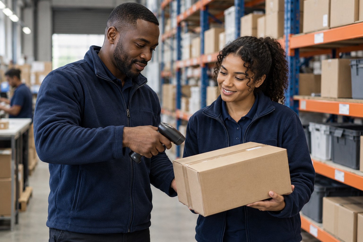 Warehouse colleagues scanning a parcel
